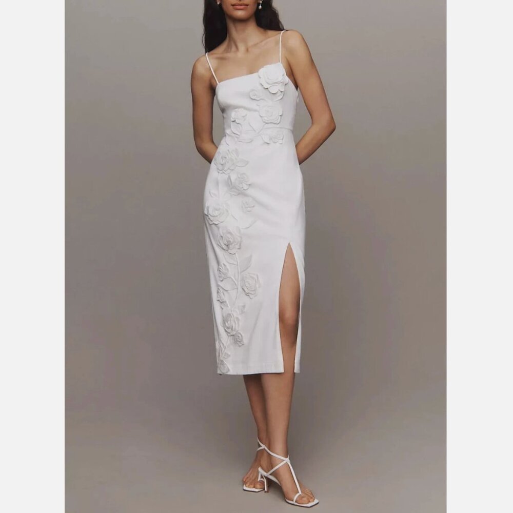 Anthropologie White Floral Embellished Midi Dress Sz M